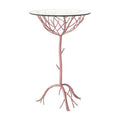 Tempered Glass Top Accent Table With Rose Gold Metal Branch Design Base, Lexa