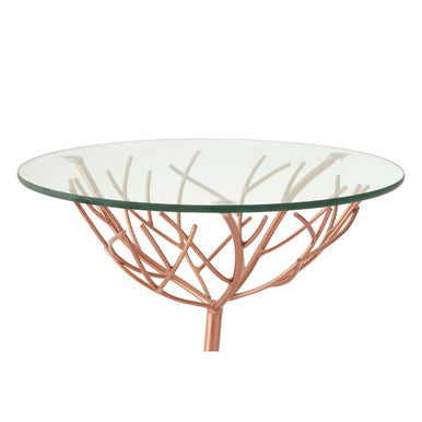 Tempered Glass Top Accent Table With Rose Gold Metal Branch Design Base, Lexa