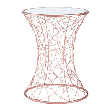 Concave Glass Top Side Table With Rose Gold Iron Frame, Lexa