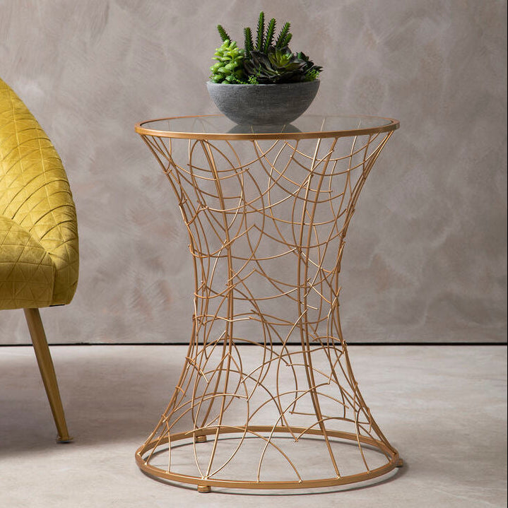 Concave Glass Top Side Table With Rose Gold Iron Frame, Lexa