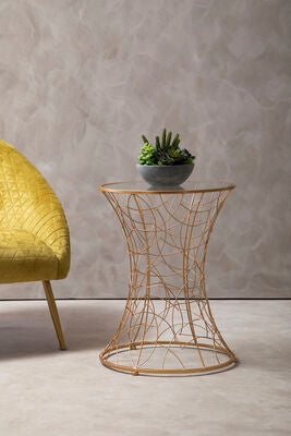Concave Glass Top Side Table With Rose Gold Iron Frame, Lexa