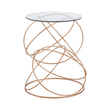 Tempered Glass Top Circles Accent Table With Gold Geometric Iron Stand, Lexa
