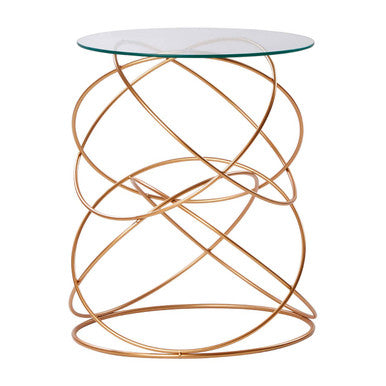 Tempered Glass Top Circles Accent Table With Gold Geometric Iron Stand, Lexa