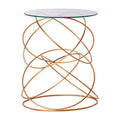 Tempered Glass Top Circles Accent Table With Gold Geometric Iron Stand, Lexa