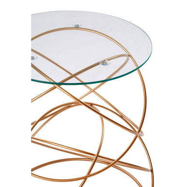 Tempered Glass Top Circles Accent Table With Gold Geometric Iron Stand, Lexa