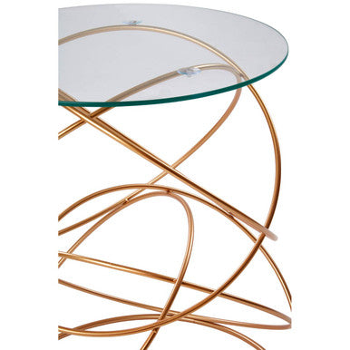Tempered Glass Top Circles Accent Table With Gold Geometric Iron Stand, Lexa