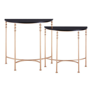 Set Of 2 Matte Black Tops Half Round Console Tables With Rose Gold Metal Legs, Lexa