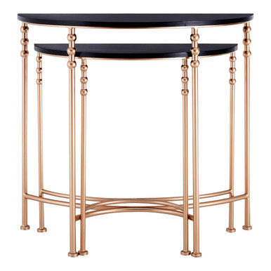 Set Of 2 Matte Black Tops Half Round Console Tables With Rose Gold Metal Legs, Lexa