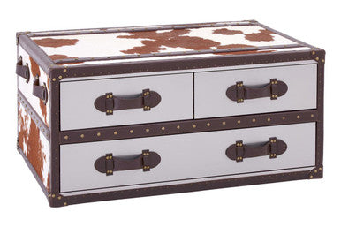 Brown & White Genuine Cowhide Coffee Table With 3 Drawers & Leather Handles, Kensington Townhouse