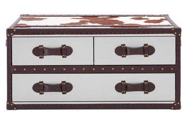 Brown & White Genuine Cowhide Coffee Table With 3 Drawers & Leather Handles, Kensington Townhouse
