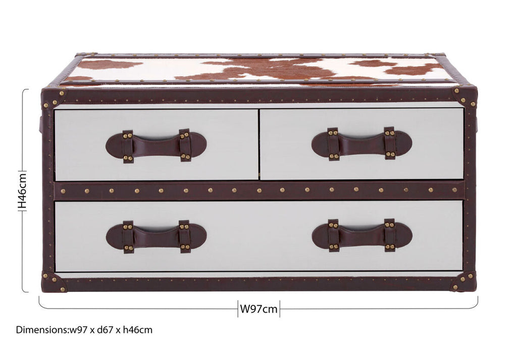 Brown & White Genuine Cowhide Coffee Table With 3 Drawers & Leather Handles, Kensington Townhouse