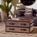 Brown & White Genuine Cowhide Coffee Table With 3 Drawers & Leather Handles, Kensington Townhouse
