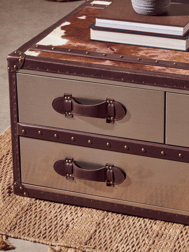 Brown & White Genuine Cowhide Coffee Table With 3 Drawers & Leather Handles, Kensington Townhouse