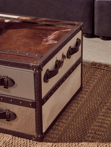 Brown & White Genuine Cowhide Coffee Table With 3 Drawers & Leather Handles, Kensington Townhouse