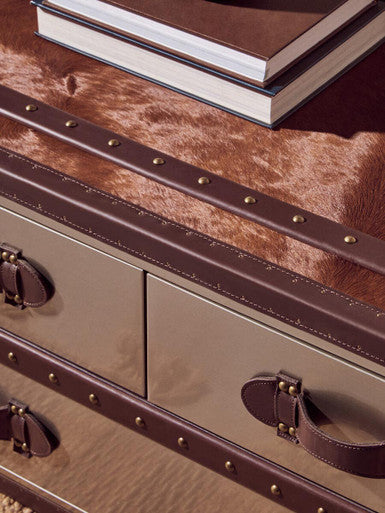 Brown & White Genuine Cowhide Coffee Table With 3 Drawers & Leather Handles, Kensington Townhouse