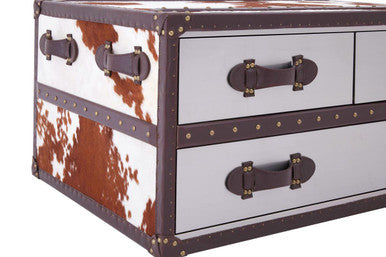 Brown & White Genuine Cowhide Coffee Table With 3 Drawers & Leather Handles, Kensington Townhouse