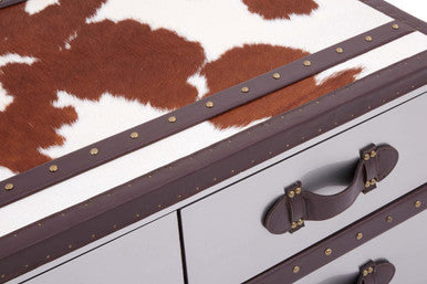 Brown & White Genuine Cowhide Coffee Table With 3 Drawers & Leather Handles, Kensington Townhouse