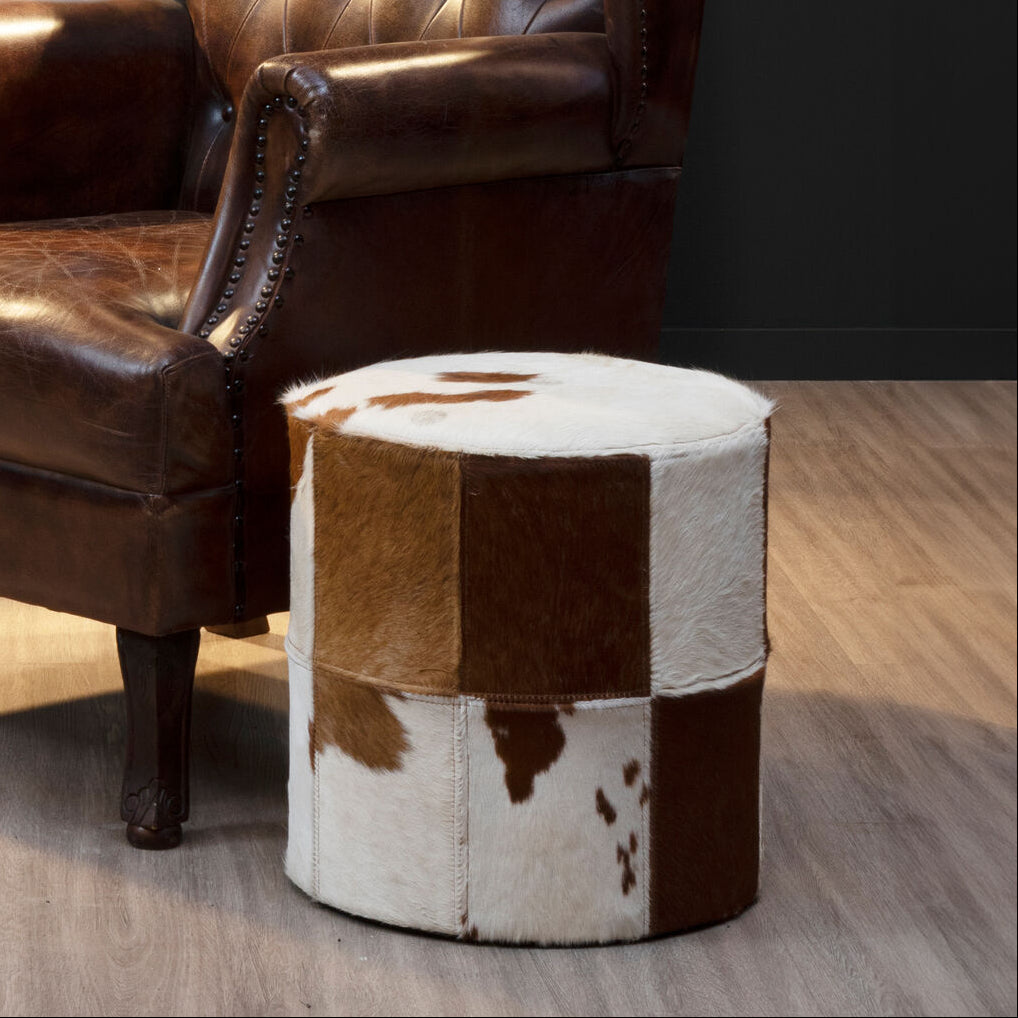 Kensington Townhouse Brown & White Cowhide Hair On Leather Stool