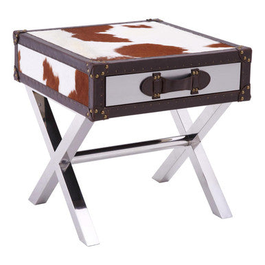 Brown & White Cowhide 1-Drawer Bedside Table With Leather Handle, Kensington Townhouse