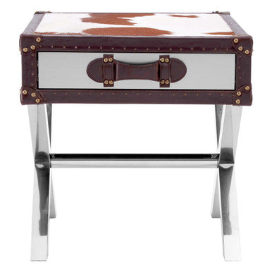 Brown & White Cowhide 1-Drawer Bedside Table With Leather Handle, Kensington Townhouse