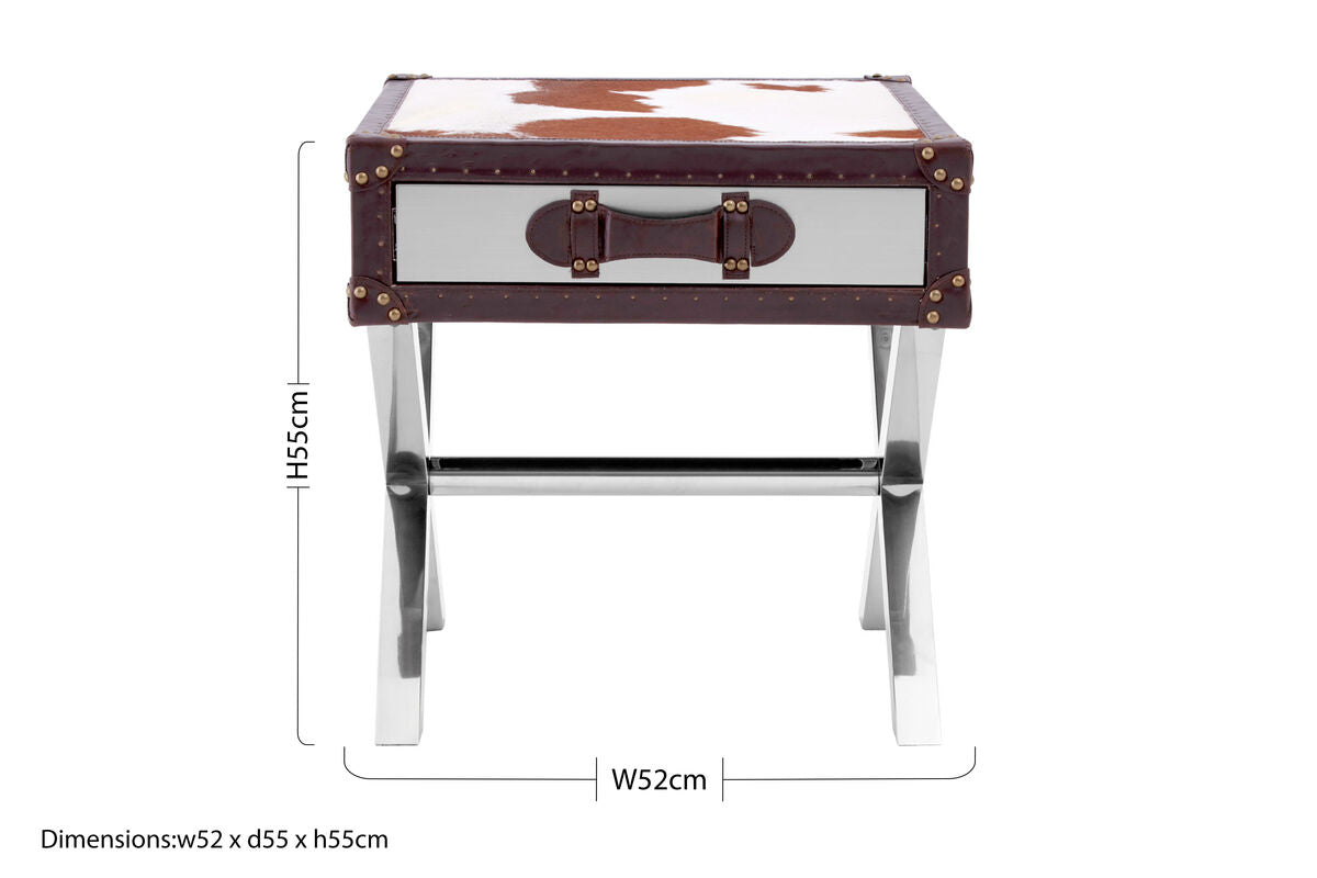 Brown & White Cowhide 1-Drawer Bedside Table With Leather Handle, Kensington Townhouse