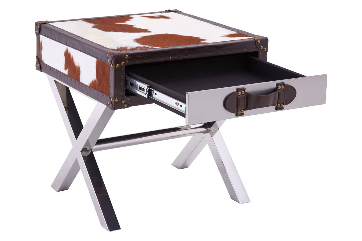 Brown & White Cowhide 1-Drawer Bedside Table With Leather Handle, Kensington Townhouse