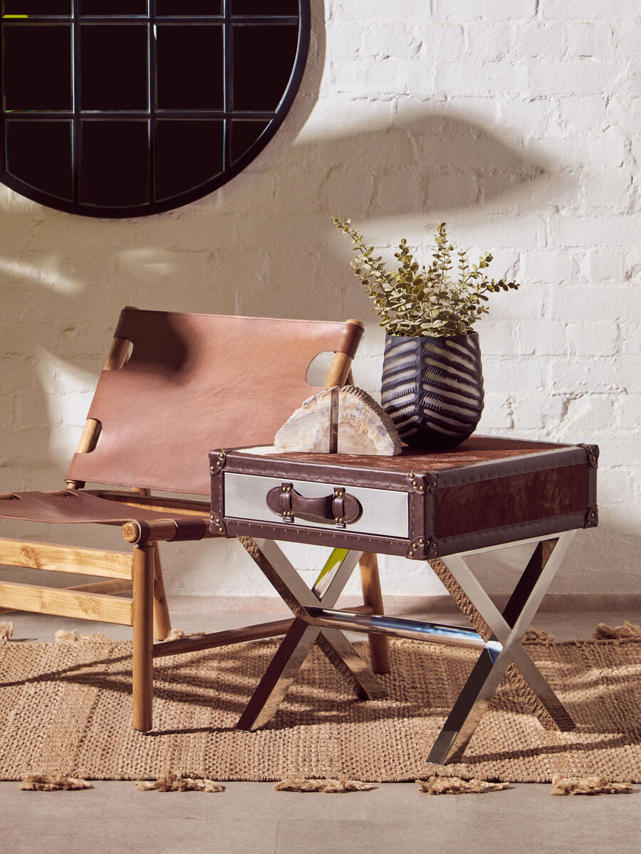 Brown & White Cowhide 1-Drawer Bedside Table With Leather Handle, Kensington Townhouse