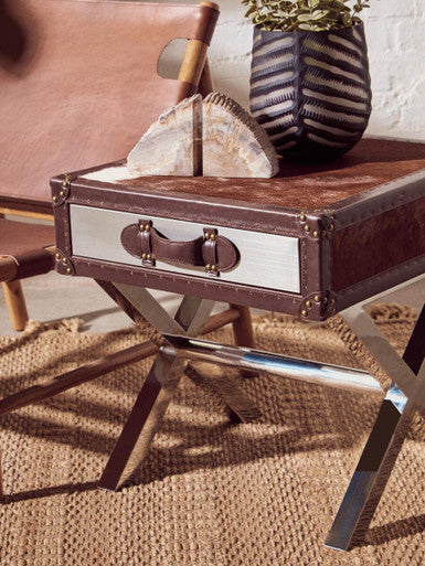 Brown & White Cowhide 1-Drawer Bedside Table With Leather Handle, Kensington Townhouse