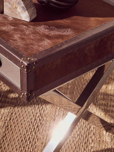 Brown & White Cowhide 1-Drawer Bedside Table With Leather Handle, Kensington Townhouse
