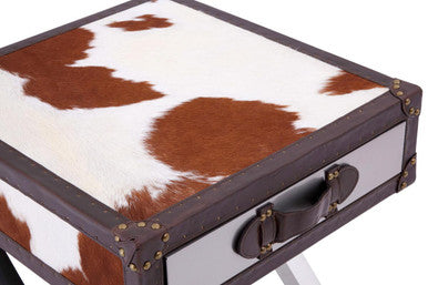 Brown & White Cowhide 1-Drawer Bedside Table With Leather Handle, Kensington Townhouse