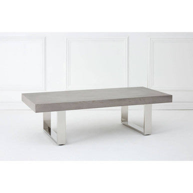 Grey Elm Wood Low Coffee Table With Silver U-Shaped Steel Legs, Ulmus
