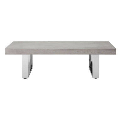 Grey Elm Wood Low Coffee Table With Silver U-Shaped Steel Legs, Ulmus