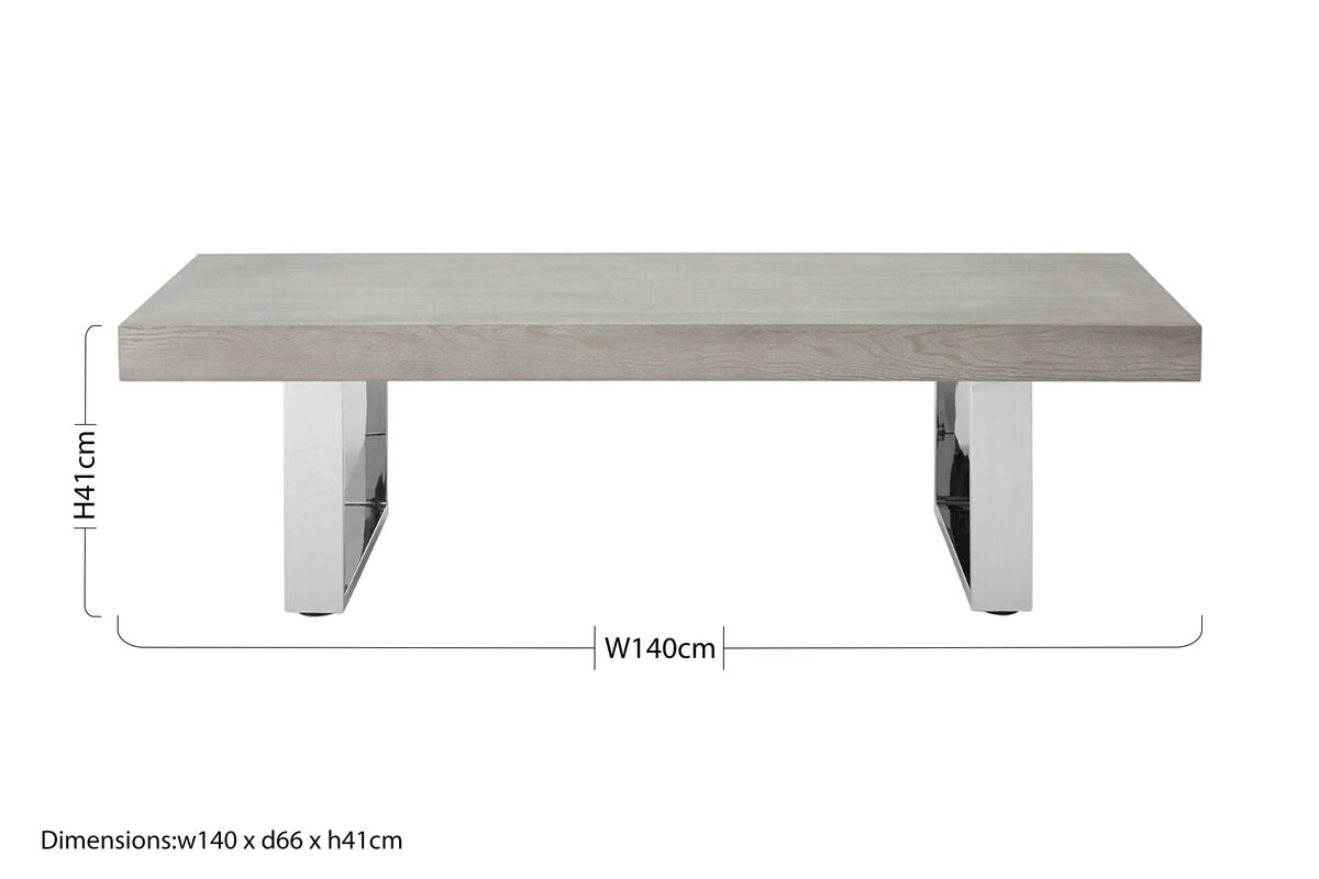 Grey Elm Wood Low Coffee Table With Silver U-Shaped Steel Legs, Ulmus