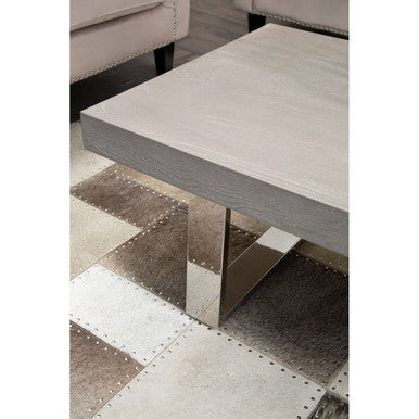 Grey Elm Wood Low Coffee Table With Silver U-Shaped Steel Legs, Ulmus