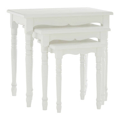 Set Of Three White Wooden Nesting Tables With Carved Detail, Hendra