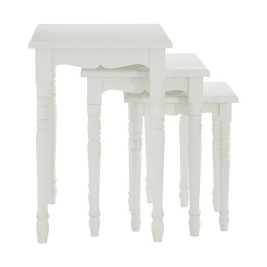 Set Of Three White Wooden Nesting Tables With Carved Detail, Hendra