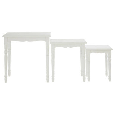 Set Of Three White Wooden Nesting Tables With Carved Detail, Hendra