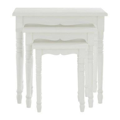 Set Of Three White Wooden Nesting Tables With Carved Detail, Hendra
