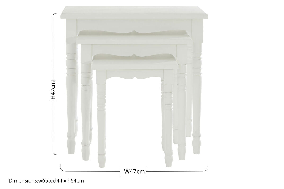 Set Of Three White Wooden Nesting Tables With Carved Detail, Hendra