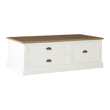 Fir Wood Veneer Top & White Wooden Coffee Table With 3 Drawers, Hardwick
