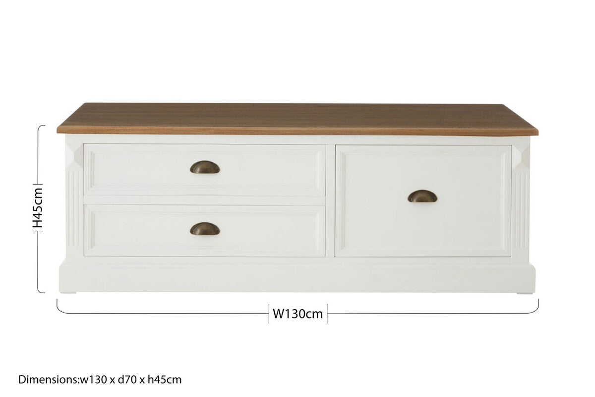 Fir Wood Veneer Top & White Wooden Coffee Table With 3 Drawers, Hardwick