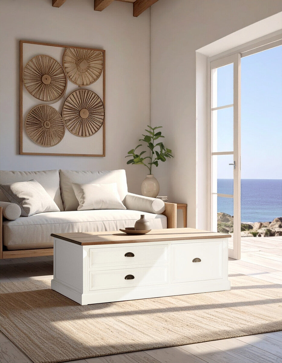Fir Wood Veneer Top & White Wooden Coffee Table With 3 Drawers, Hardwick