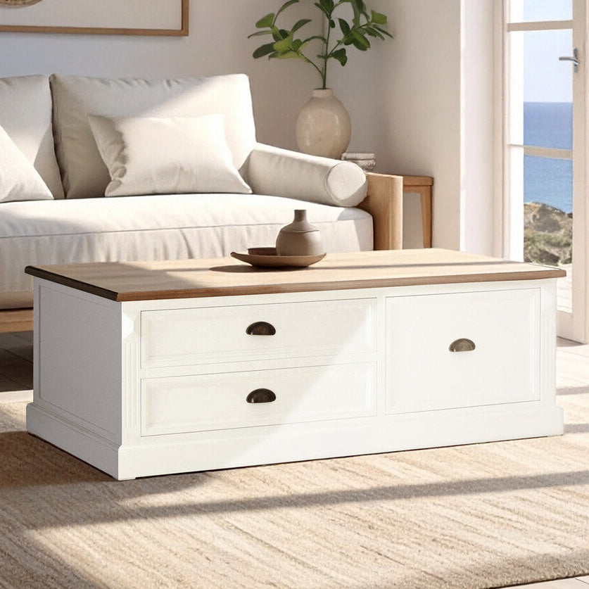 Fir Wood Veneer Top & White Wooden Coffee Table With 3 Drawers, Hardwick