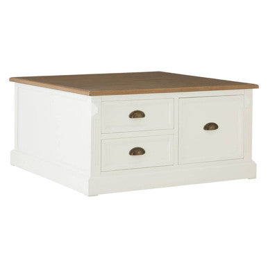 Fir Wood Veneer Top & White Wooden Square Coffee Table With 3 Drawers, Hardwick