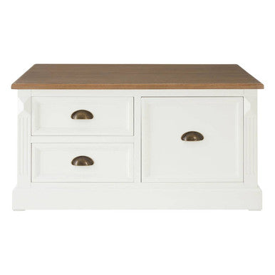 Fir Wood Veneer Top & White Wooden Square Coffee Table With 3 Drawers, Hardwick