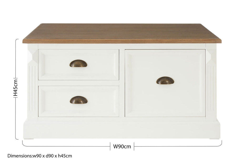 Fir Wood Veneer Top & White Wooden Square Coffee Table With 3 Drawers, Hardwick