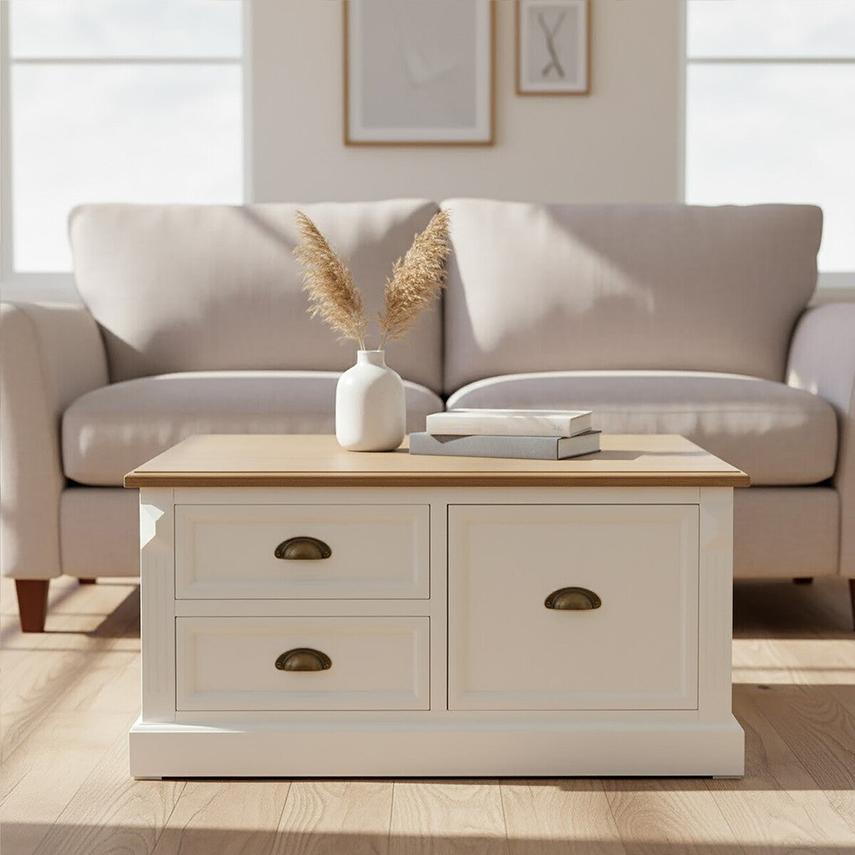 Fir Wood Veneer Top & White Wooden Square Coffee Table With 3 Drawers, Hardwick
