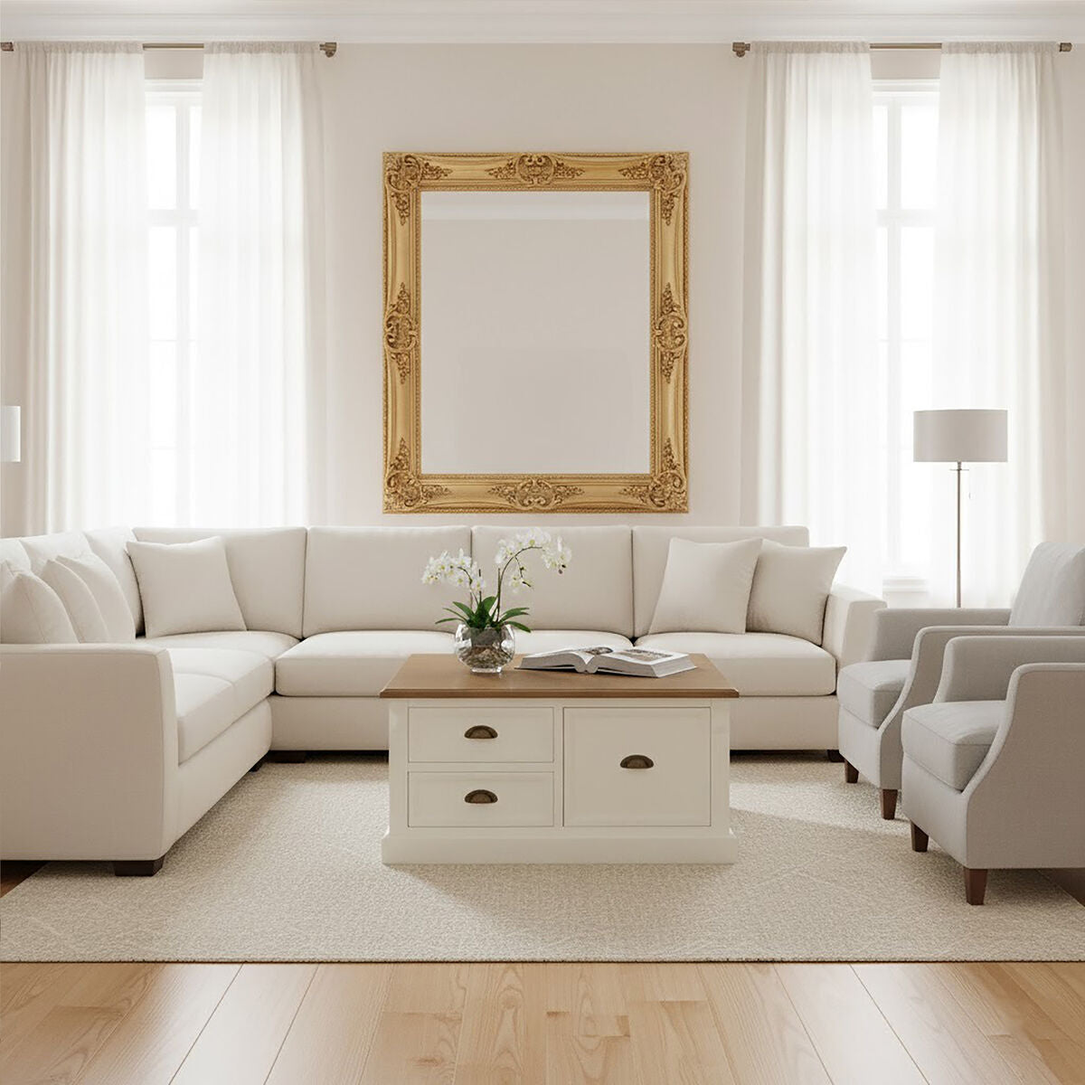 Fir Wood Veneer Top & White Wooden Square Coffee Table With 3 Drawers, Hardwick