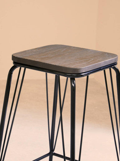 District Black Metal & Elm Wood Stool