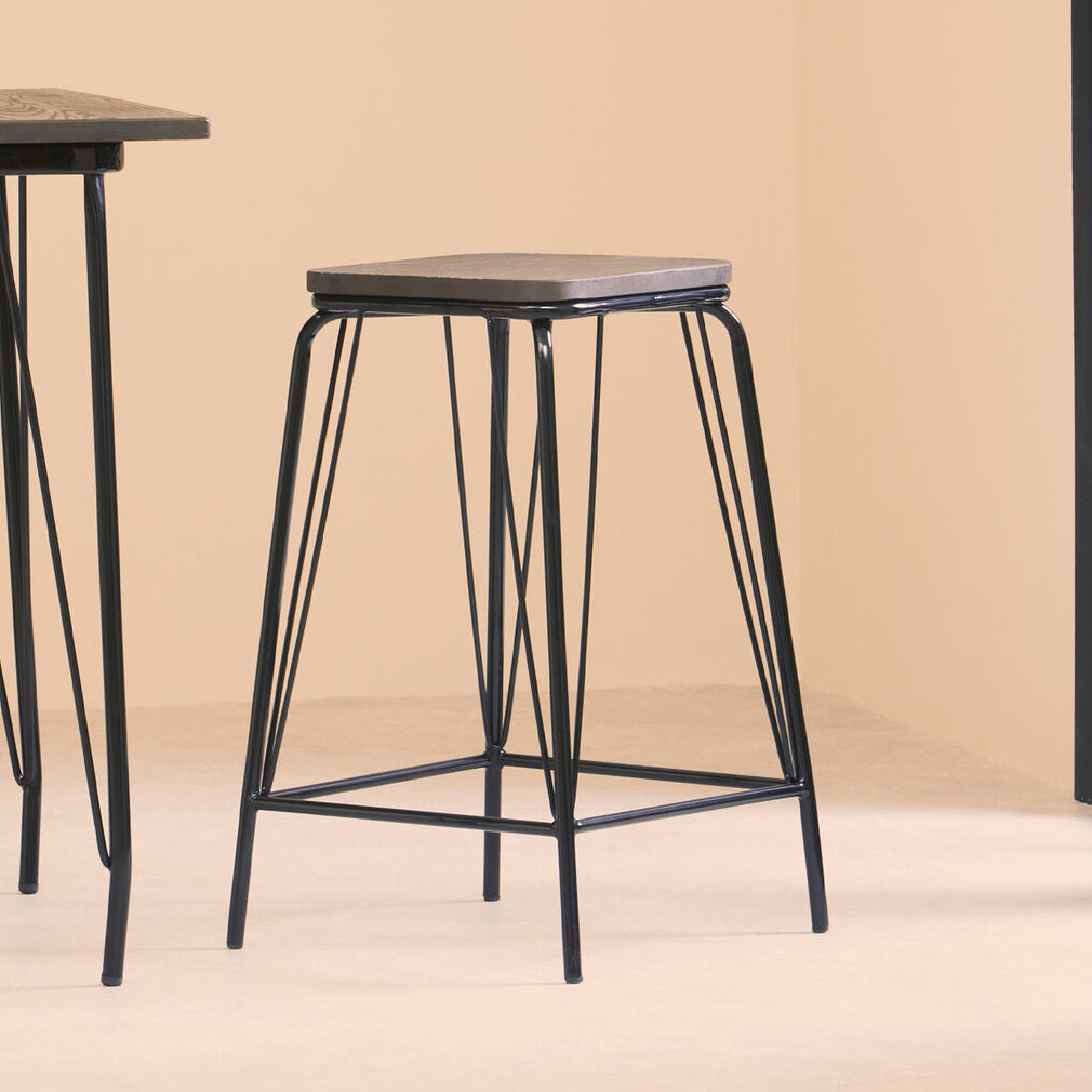 District Black Metal & Elm Wood Stool